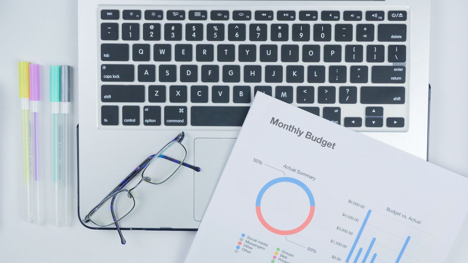 Reviewing a monthly budget summary and spending categories